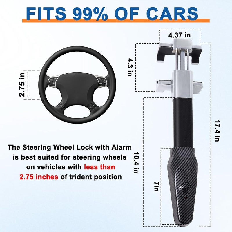 Hoqqf Steering Wheel Lock with Alarm,Heavy-Duty Anti-Theft Security Device for Cars Trucks & SUVs,Includes 2 Keys (Black) - Image 2